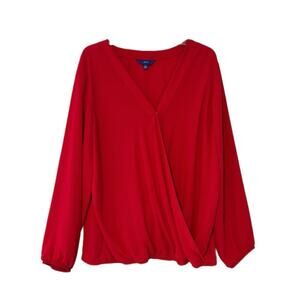 APT. 9 Woman Faux Wrap Blouse Top Plus Size 2X Red Long Bishop Sleeve Career
